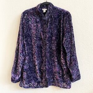 Bechamel Burnout Velvet Floral Mock Neck Button Front Long Sleeve Blouse Top L‎